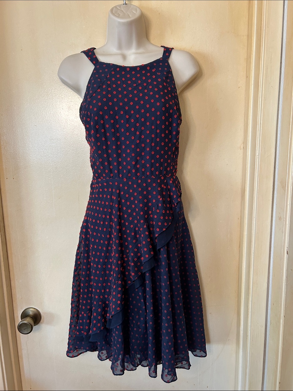 Anthropologie Eva Franco Navy Dress with Red Polka Dots and Ruffle Skirt size 6
